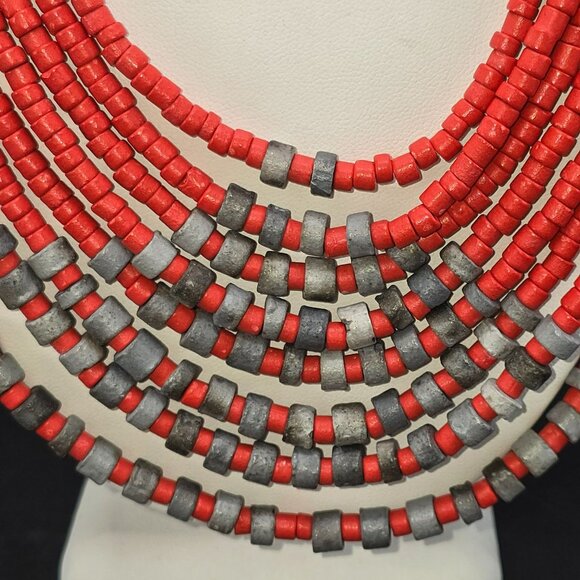 Vintage Multilayer Red & Gray Beaded Statement Necklace HS201 - Picture 2 of 9